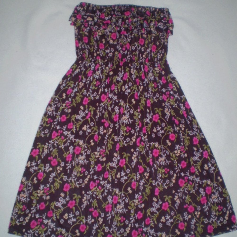 SIZE: SM/MED.--STRAPLESS BROWN/FLORAL DRESS-NWOT